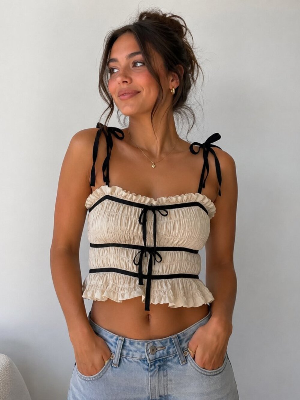 TY/THIRTY LA Cream Smocked Ribbon Tie Crop Top Coquette Balletcore Small